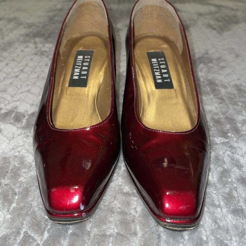 Stuart Weitzman Burgundy Printed Patent Leather Square Toe Pumps. Size 6.5.‎